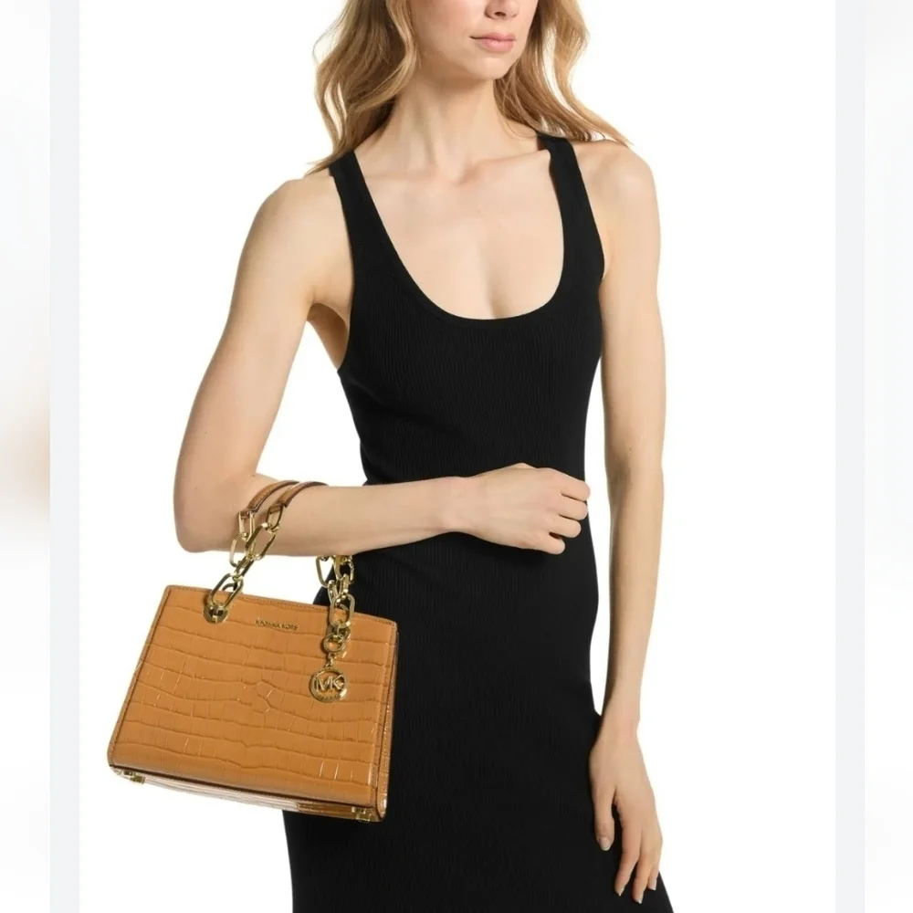 NWT Michael Kors Cynthia Small Croc Embossed Leather Satchel Chestnut